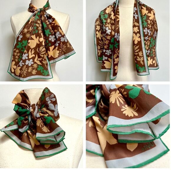 Groovy 1970s Vintage Brown Green Blue Abstract Flower Power Vera Neumann Scarf - Picture 2 of 3